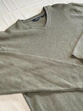 Mens Brooks Brothers 346 Olive 100% Cotton Classic Knit V-Neck Sweater (Large)